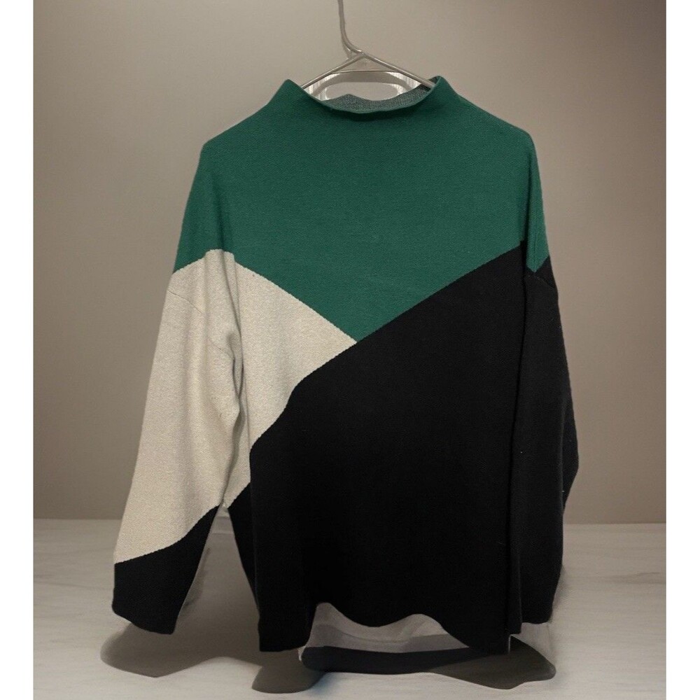 Tahari Womens Mock Neck Colorblock  Sweater Black/Green/White  Colorblock 1x O20